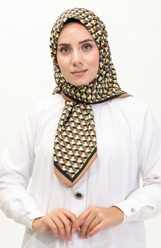 Karaca Geometric Patterned Rayon Scarf 81043-13 Brown Neon Green 81043-13