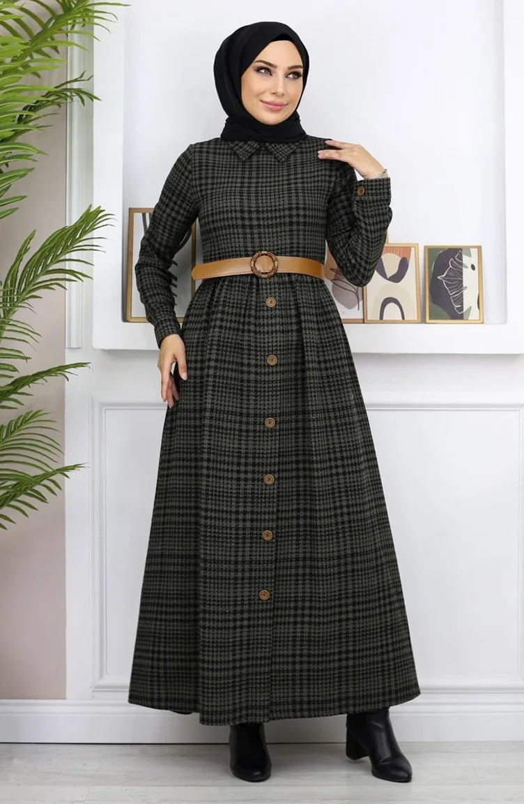 Button Detailed Dress Khaki 19166 14979