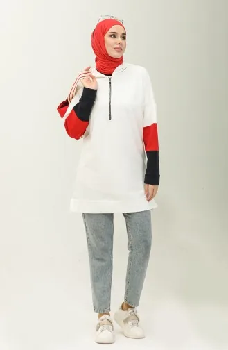 Two Thread Zipper Detailed Sweatshirt 23005-01 white Red 23005-01