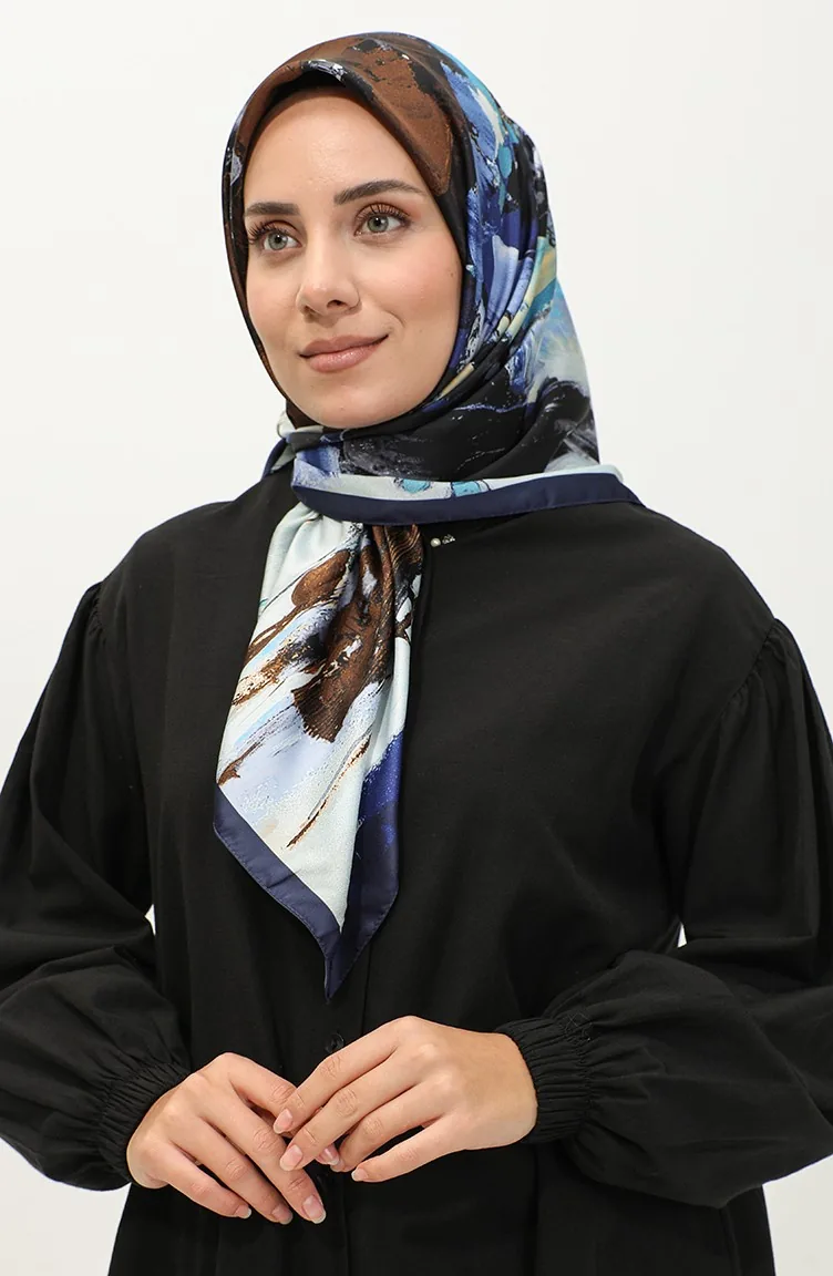 Karaca Gemusterter Rayon-Schal 81038-02 Marineblau-Braun 81038-02