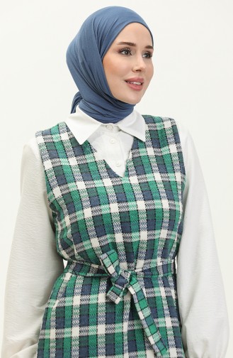 Tweed Plaid Patterned Gilet 0255-04 Green İndigo 0255-04