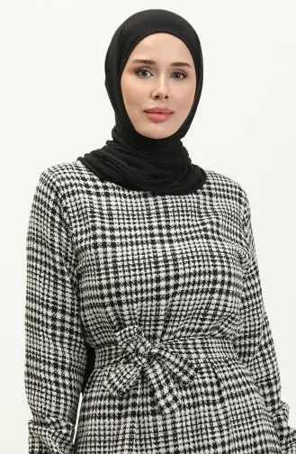 فستان بنقش مربع بحزام 0253-04 أسود 0253-04