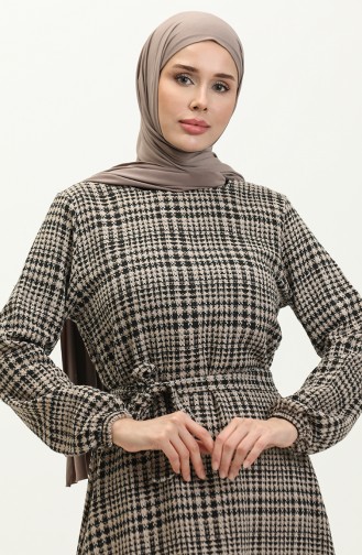 Eteği Büzgülü Kuşaklı Elbise 0253-05 Vizon