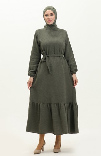 Kleid Aus Tweed Mit Gürtel 0258-02 Khaki 0258-02