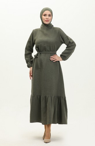 Kleid Aus Tweed Mit Gürtel 0258-02 Khaki 0258-02