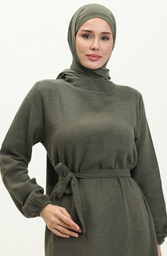 Kleid Aus Tweed Mit Gürtel 0258-02 Khaki 0258-02