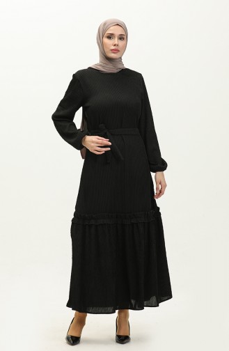 فستان طويل بحزام NZR003A-03 أسود  003A-03
