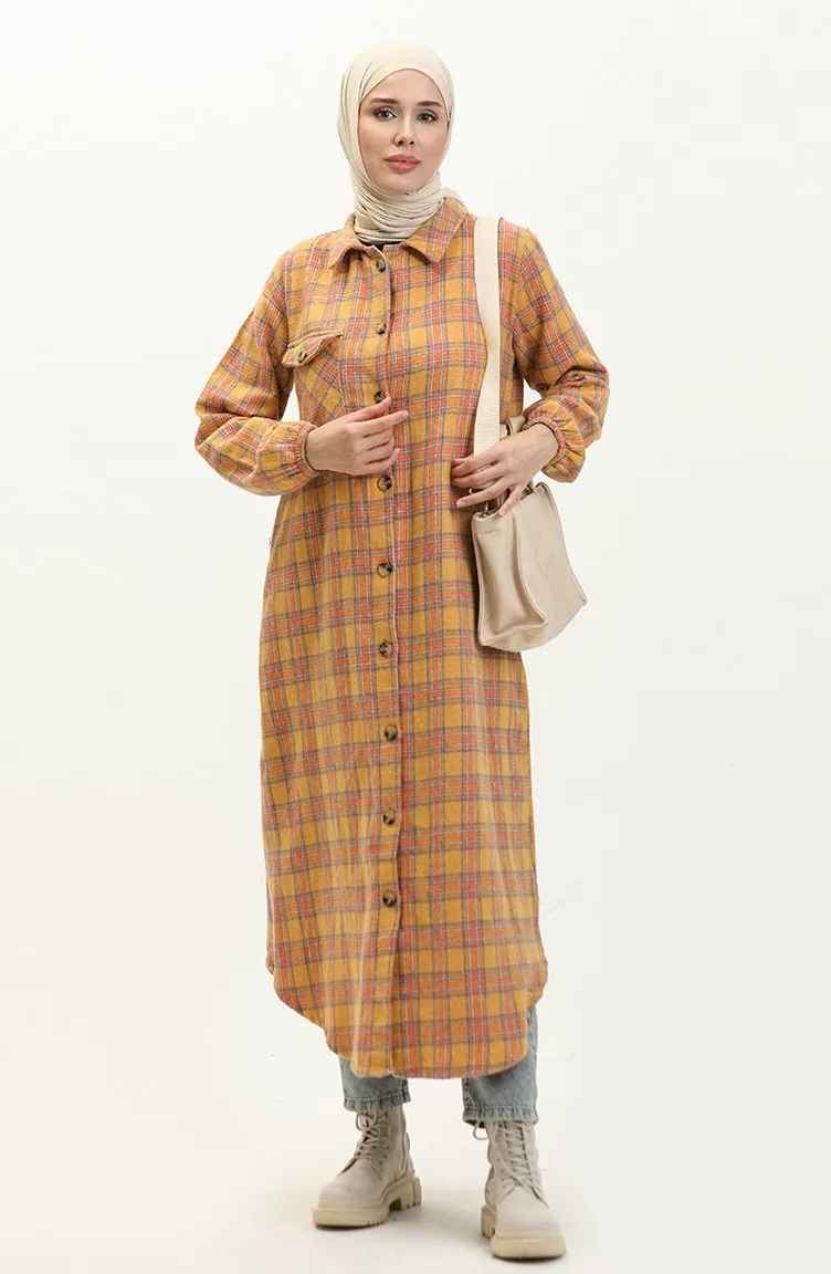 Lumberjack Plaid Gemusterte Lange Tunika 0252-01 Senf 0252-01