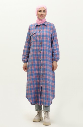 Flannel Plaid Patterned Long Tunic 0252-04 Blue 0252-04