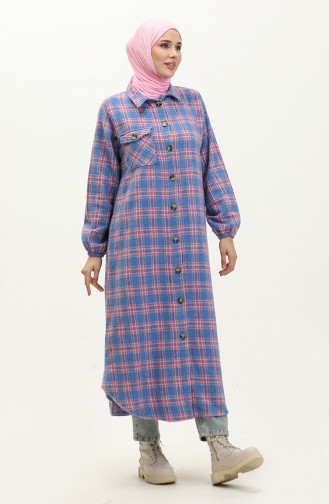 Flannel Plaid Patterned Long Tunic 0252-04 Blue 0252-04