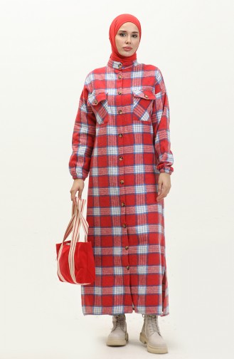 Flannel Plaid Patterned Long Tunic 0259-03 Red 0259-03