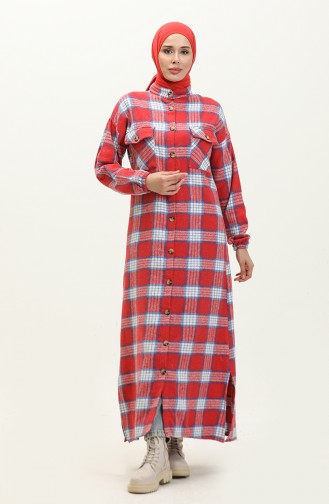 Flannel Plaid Patterned Long Tunic 0259-03 Red 0259-03