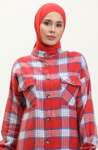 Flannel Plaid Patterned Long Tunic 0259-03 Red 0259-03