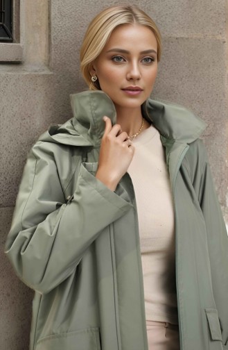 Vivezza Hooded Wide Collar Zippered Trench Coat 6976 03 Green 3251