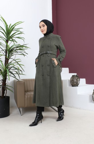 Leather Belted Cashew Coat Khaki 12261 14754