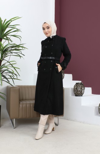 معطف جلدي بحزام أسود 12261 14756