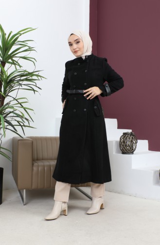 معطف جلدي بحزام أسود 12261 14756