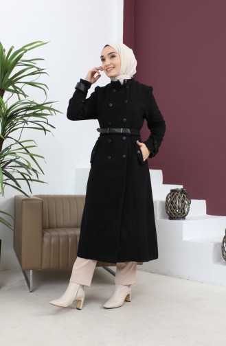 معطف جلدي بحزام أسود 12261 14756