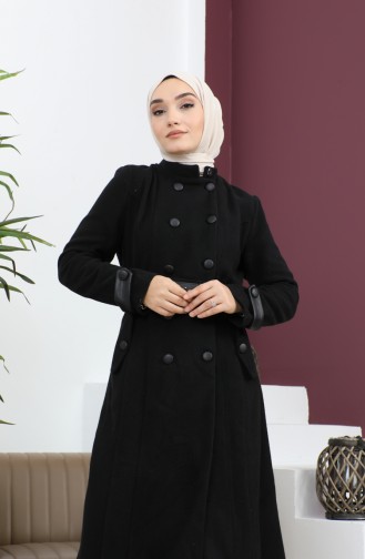 معطف جلدي بحزام أسود 12261 14756