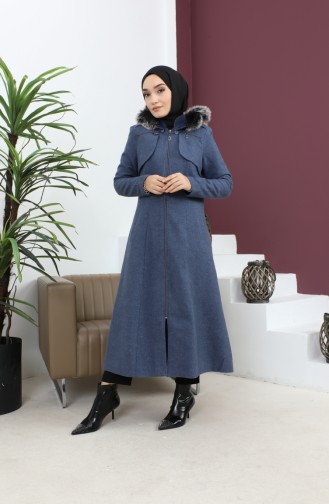 Zippered Hooded Cashew Coat Indigo 12265 14782