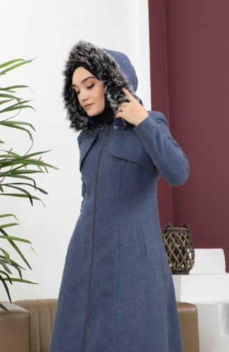 Zippered Hooded Cashew Coat Indigo 12265 14782