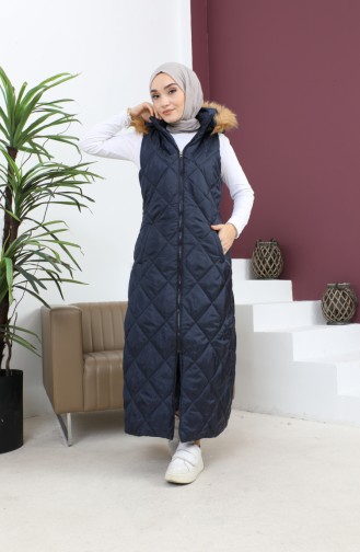 Hooded Quilted Puffer Vest Navy Blue 12255 14472