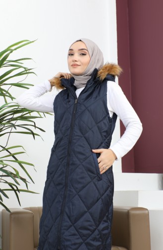 Hooded Quilted Puffer Vest Navy Blue 12255 14472