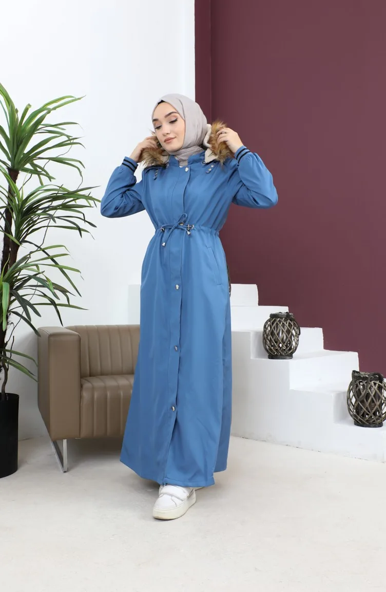 Manteau Côtelé à Capuche Grande Taille Bleu 15500 14837