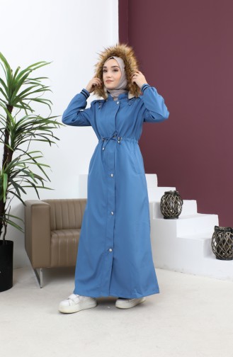 معطف مضلع بغطاء للرأس مقاس كبير أزرق 15500 14837