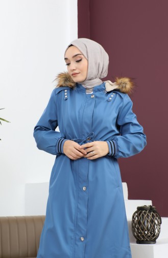 معطف مضلع بغطاء للرأس مقاس كبير أزرق 15500 14837