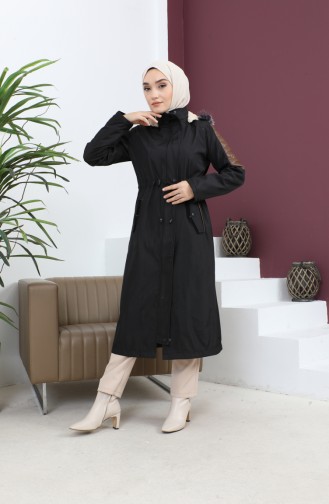 Manteau Fourrure Détail Cuir 7016-01 Noir 7016-01