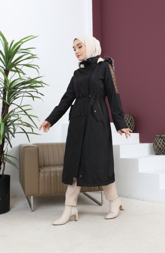 Manteau Fourrure Détail Cuir 7016-01 Noir 7016-01