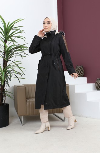 Leather Detailed Fur Coat 7016-01 Black 7016-01