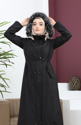 Manteau Fourrure Détail Cuir 7016-01 Noir 7016-01