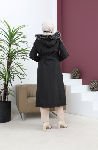 Leather Detailed Fur Coat 7016-01 Black 7016-01