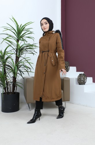 Leather Detailed Fur Coat 7016-03 Tan 7016-03