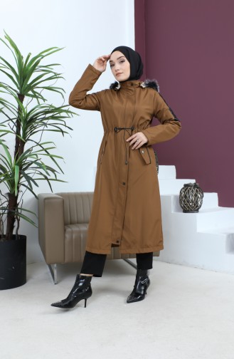 Leather Detailed Fur Coat 7016-03 Tan 7016-03