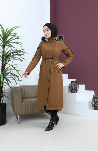 Leather Detailed Fur Coat 7016-03 Tan 7016-03