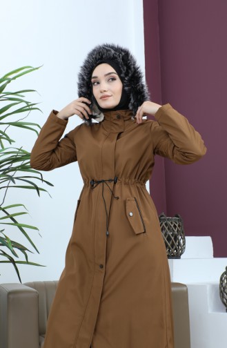 Leather Detailed Fur Coat 7016-03 Tan 7016-03