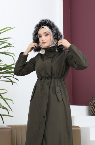 Leather Detailed Fur Coat 7016-06 Khaki 7016-06