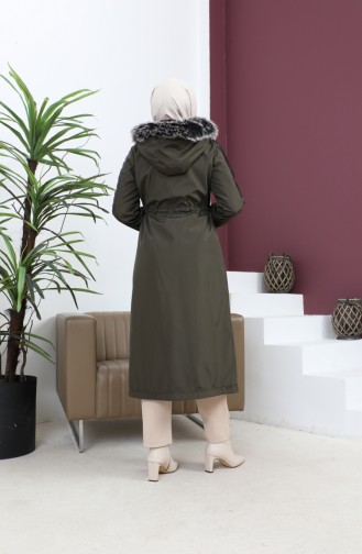 Leather Detailed Fur Coat 7016-06 Khaki 7016-06