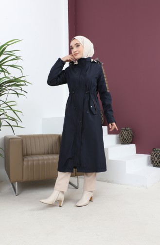 Leather Detailed Fur Coat 7016-07 Navy Blue 7016-07