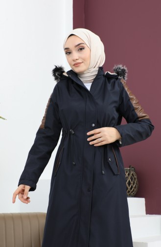 Leather Detailed Fur Coat 7016-07 Navy Blue 7016-07