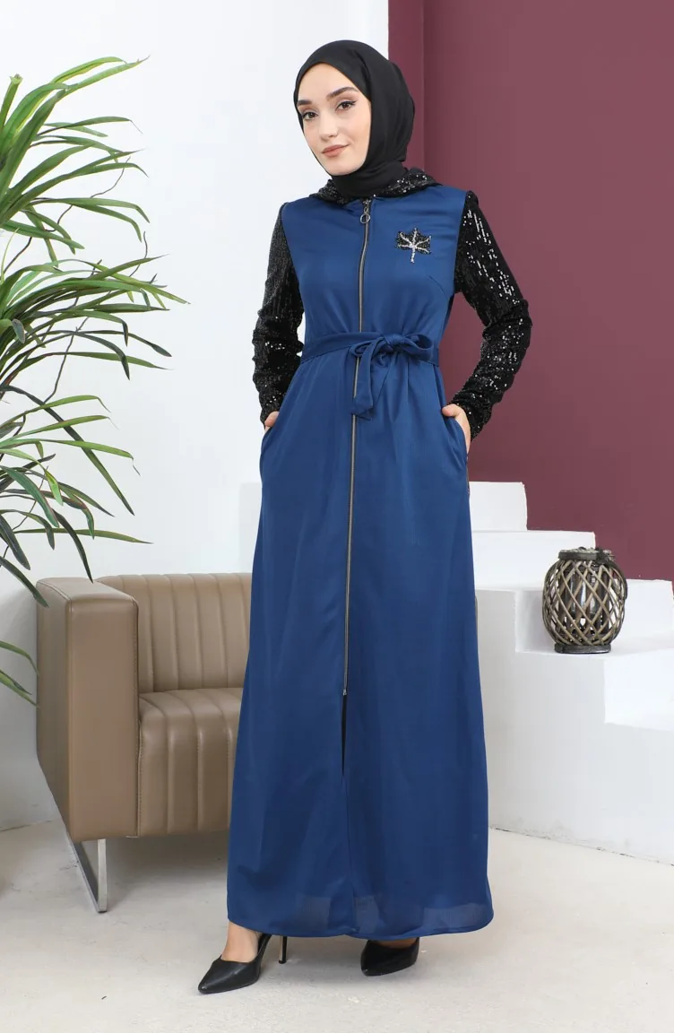 Abaya Détail Paillettes Indigo 15200 13613