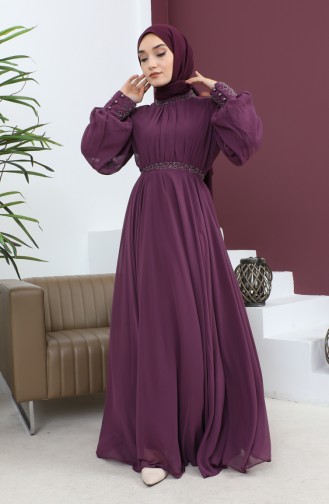 Steindetailliertes Chiffon-Abendkleid Pflaume 19109 14694