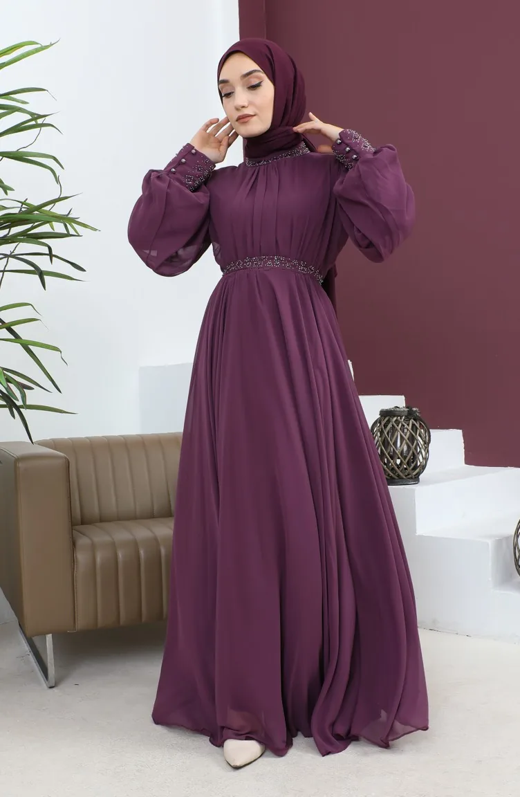 Steindetailliertes Chiffon-Abendkleid Pflaume 19109 14694