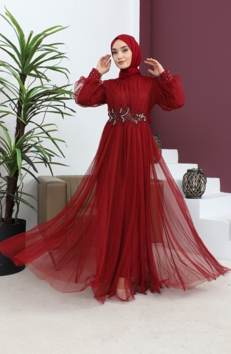 Pearled Lace Detailed Tulle Evening Dress Claret Red 19199 14714