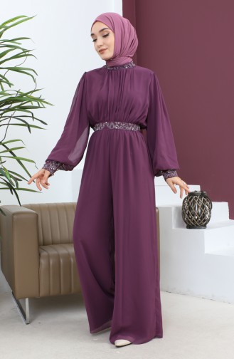 Stone Detailed Chiffon Jumpsuit Evening Dress Plum 19153 14812