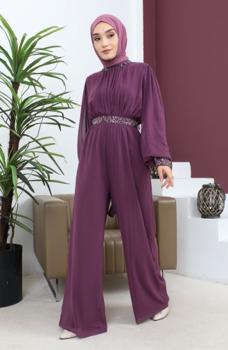 Stone Detailed Chiffon Jumpsuit Evening Dress Plum 19153 14812