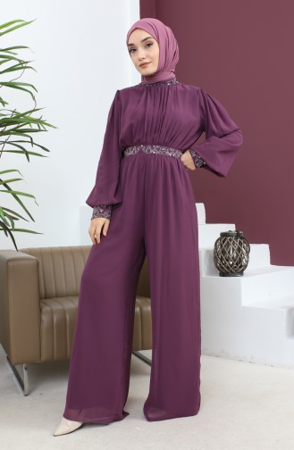 Stone Detailed Chiffon Jumpsuit Evening Dress Plum 19153 14812